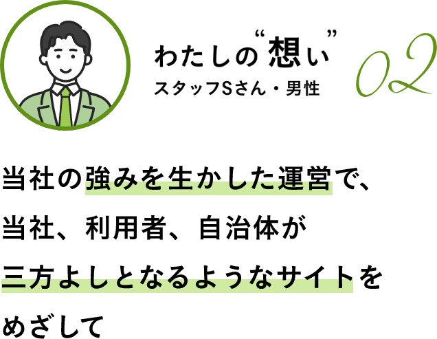 わたしの“想い” 02 スタッフSさん・男性 当社の強みを生かた運営で、当社、利用者、自治体が三方よしとなるようなサイトをめざして