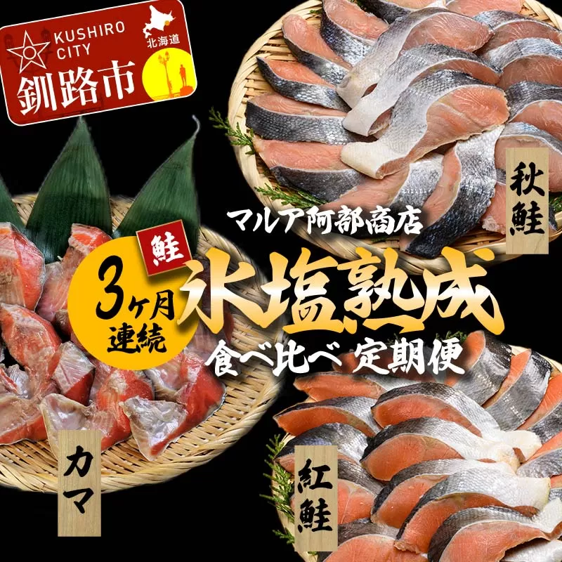 【3ヶ月連続】マルア阿部商店 氷塩熟成 食べ比べ定期便 紅鮭 秋鮭 カマ サケ 鮭 しゃけ 海鮮 魚 海鮮 定期便 分布会 北海道 F4F-4553