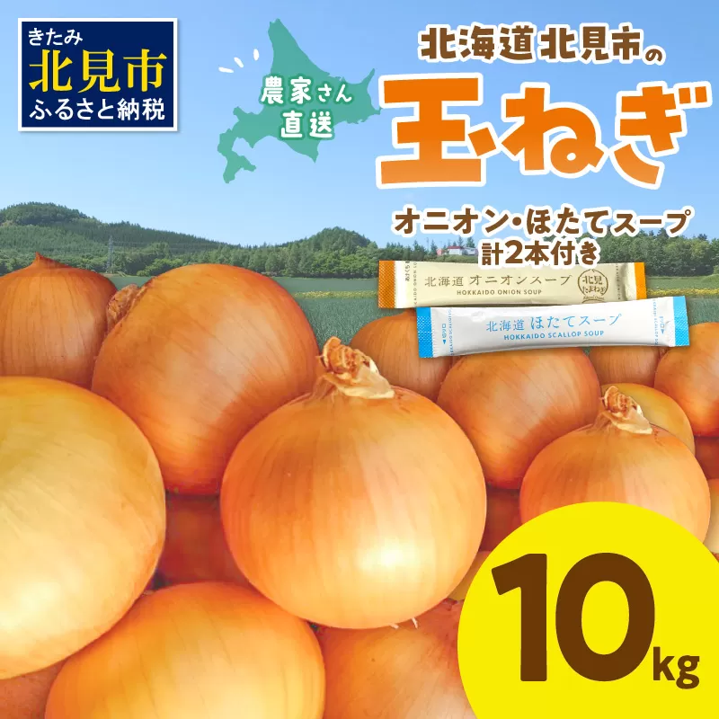 【予約：2025年9月中旬から順次発送】日本一の生産地！北海道北見市の玉ねぎ 10kg！スープ2本付き♪ ( 玉ねぎ 玉葱 たまねぎ タマネギ オニオン スープ 即席 料理 )【164-0007-2025】