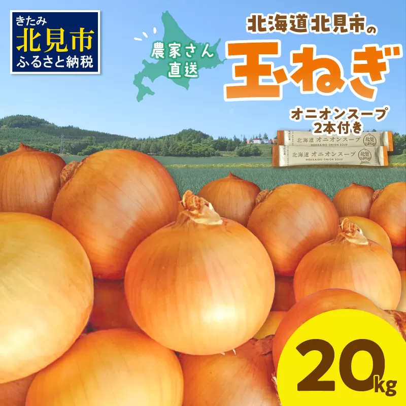 【予約：2024年9月から順次発送】日本一の生産地！北海道北見市の玉ねぎ 20kg！オニオンスープ2本付き♪ ( 玉ねぎ 玉葱 たまねぎ タマネギ オニオン スープ 即席 料理 )【164-0004-2024】