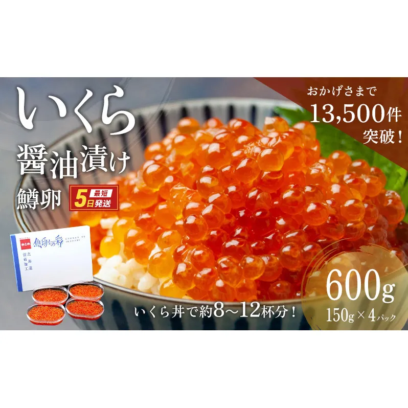 いくら 醤油漬 （鱒卵） 150g ×4P入（ 600g ）　【 醤油漬け 小分け 北海道 ごはんのお供 海鮮 魚卵  魚貝類 保管便利 小分けタイプ いくら醤油漬 】