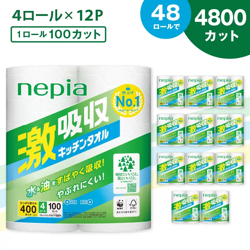 【A012】紙のまち苫小牧 王子ネピア 激吸収 キッチンタオル 100 （48ロール）