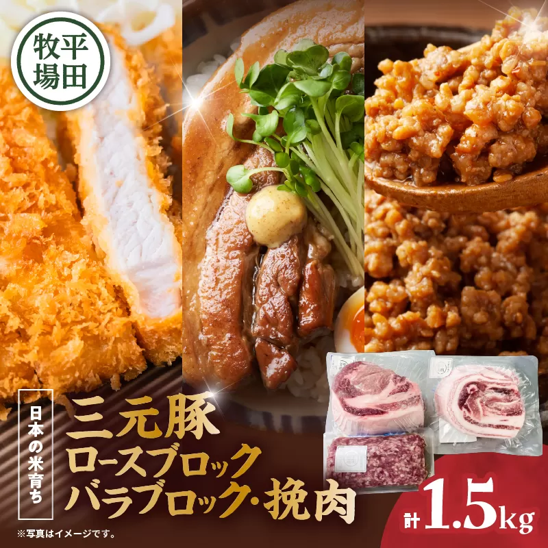 日本の米育ち平田牧場 三元豚ロースブロック（600g）・バラブロック（600g）・挽肉（300g）計1.5kg