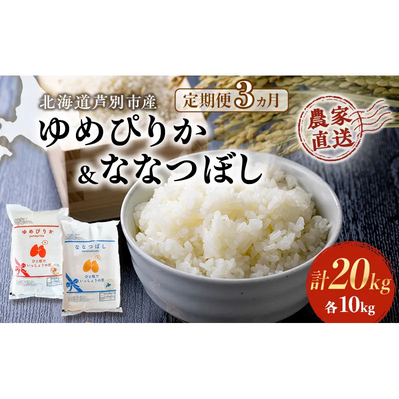 米 定期便 3ヵ月 ゆめぴりか ななつぼし 20kg 各5kg×2袋 令和6年産 芦別RICE 農家直送 特A 精米 白米 お米 おこめ コメ ご飯 ごはん バランス 甘み 最高級 冷めてもおいしい 粘り 北海道米 北海道 芦別市