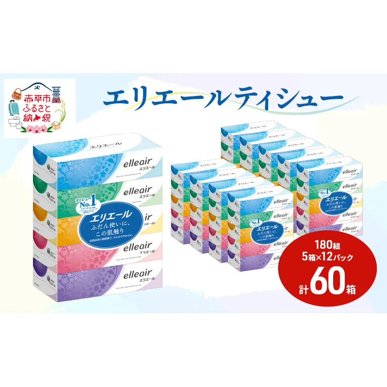 エリエール ティシュー 180組5箱 12パック 計60箱 箱ティッシュ ボックスティッシュ まとめ買い ペーパー 紙 防災 常備品 備蓄品 消耗品 備蓄 日用品 生活必需品 送料無料 北海道 赤平市 