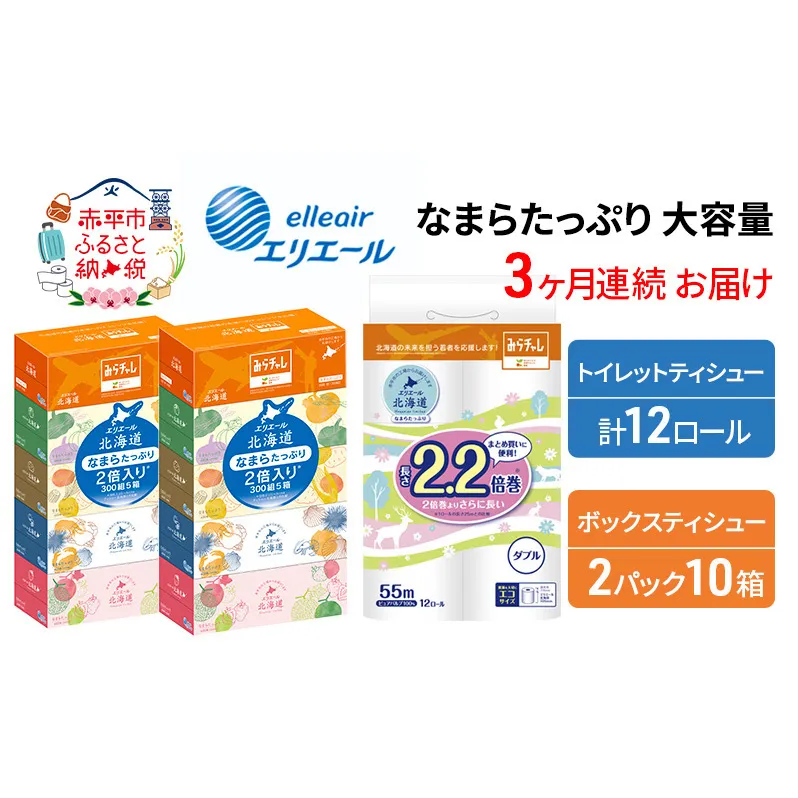 【3ヶ月連続お届け】エリエール [アソートJ] なまらたっぷり 大容量 トイレットペーパー ティッシュ トイレ ボックスティッシュ 日用品 消耗品