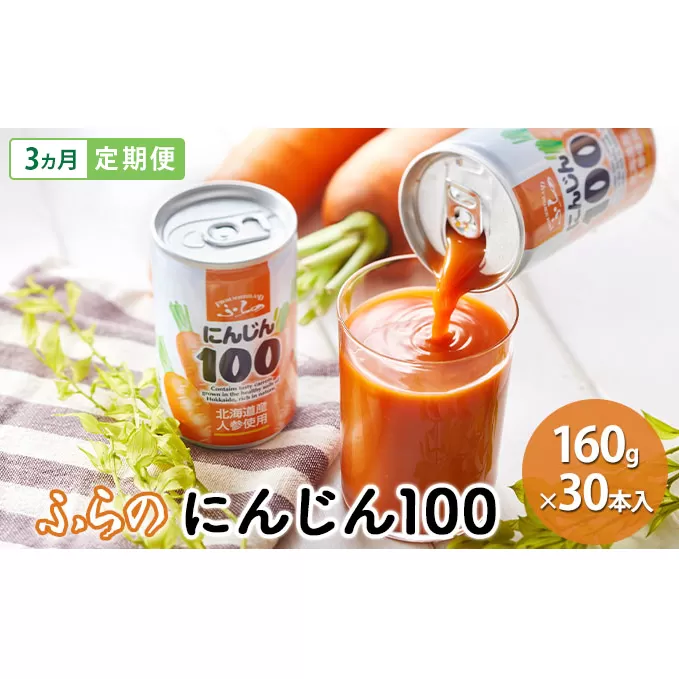 【 3ヵ月 定期便 】ふらの にんじん100 160g×30本入　野菜  ジュース  (ジュース 野菜ジュース 飲み物 缶 北海道 送料無料 道産 富良野市 ふらの)