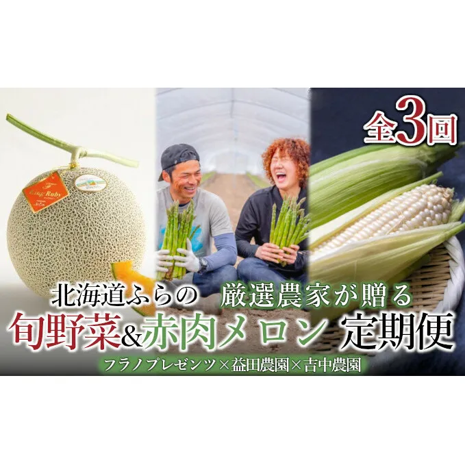 【年3回定期便】【2024年5～8月お届け】北海道 富良野 直送！ 旬の新鮮 夏野菜 厳選 3農家 スペシャルコラボ 定期便 (アスパラガス 赤肉メロン とうもろこし 北海道 富良野市 野菜 果物 フルーツ 甘い 新鮮 益田農園 フラノプレゼンツ 吉中農園)