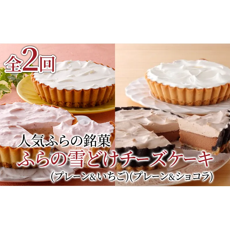 【定期便】人気ふらの銘菓 ふらの雪どけチーズケーキ (プレーン・いちご)(プレーン・ショコラ)2品×全2回 《2ヵ月連続お届け》 イチゴ ショコラ チーズケーキ 菓子 ケーキ スイーツ カステラ 冷凍 定期 お楽しみ 北海道 富良野 富良野市