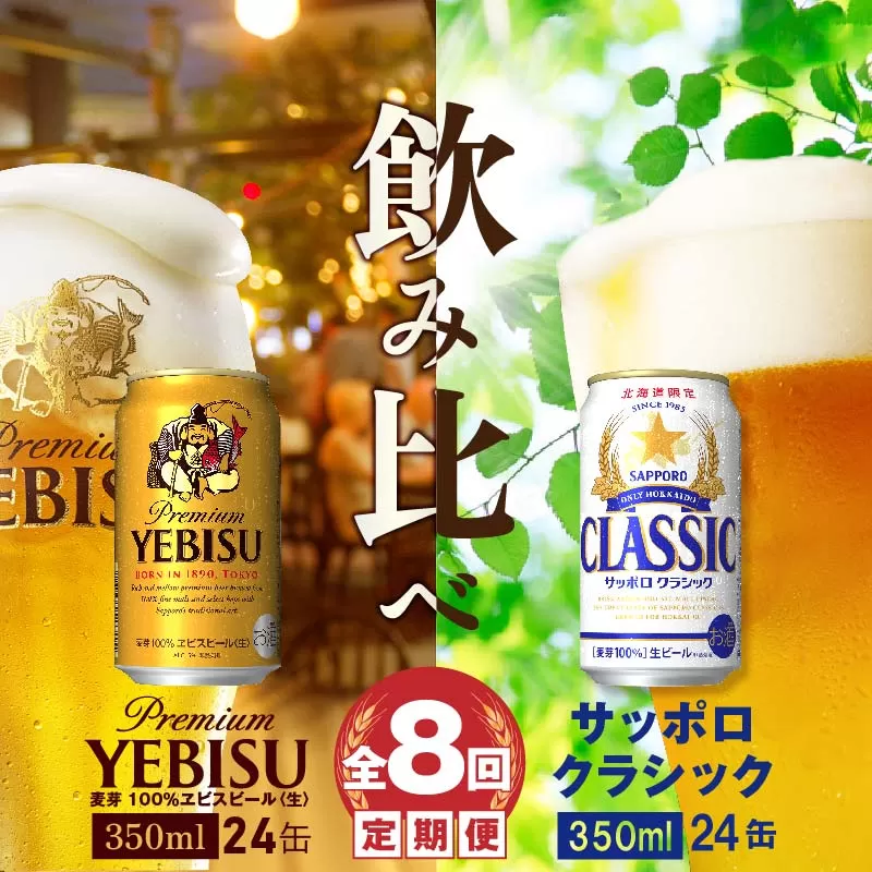 【ビール飲み比べ定期便：全8回】サッポロクラシックとヱビスビール各350ml×24本《北海道恵庭市》【300110】