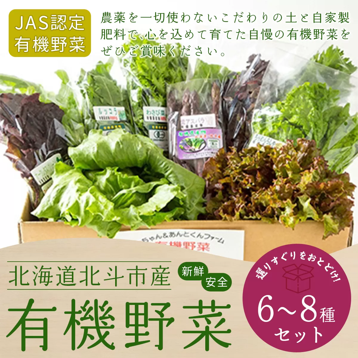 【JAS認定有機野菜】北斗市産 有機野菜6〜8種類野菜セット 紙箱入(季節で種類が変わります) HOKB020