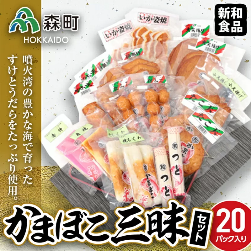 かまぼこ三昧セット（20パック入り） 【新和食品】 森町 大天揚げ 小天揚げ 角あげ やさい天 たこ天 いか姿焼 ちくわ だんご つと 角焼 赤伸 蒲鉾 カマボコ ふるさと納税 北海道 mr1-0049