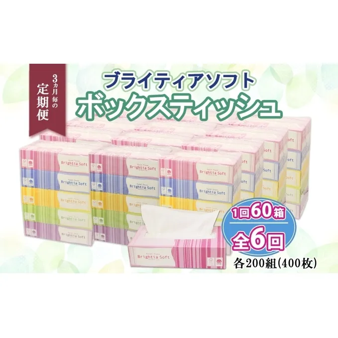 定期便 3ヶ月毎6回 ブライティア ソフト ボックスティッシュ 200組 400枚 60箱 日本製 まとめ買い 日用雑貨 消耗品 生活必需品 備蓄 リサイクル ティッシュ ペーパー BOX 倶知安町 