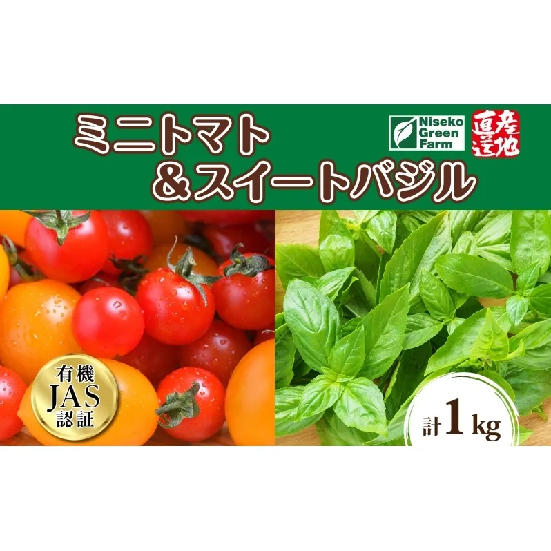 北海道 有機栽培 ミニトマト＆スイートバジル 約1kg 詰め合わせ プチトマト トマト バジル オーガニック 有機野菜 JAS 産直 産地直送 ニセコグリーンファーム