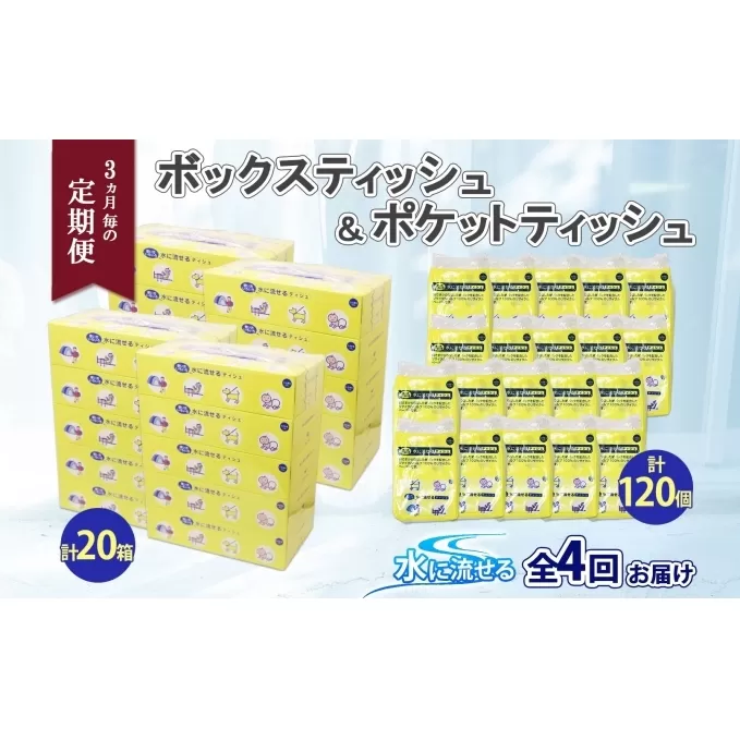 定期便 3カ月毎全4回 北海道産 とけまるくん ボックスティッシュ 20箱 ポケットティッシュ 120個 セット 水に流せる ペーパー まとめ買い 香りなし 厚手 雑貨 生活必需品 備蓄 リサイクル 箱 ボックス 送料無料