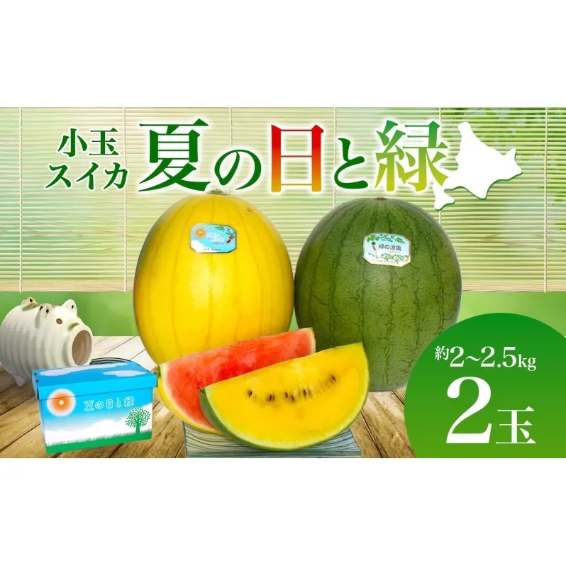 北海道 小玉 スイカ 2種 セット 夏の日と緑 2～2.5kg 2玉 赤色 黄色 すいか 果物 フルーツ 旬 西瓜 甘い プレゼント ギフト 自家用 お中元 お取り寄せ 国産 ご褒美 産地直送 送料無料 エーコープつきがた