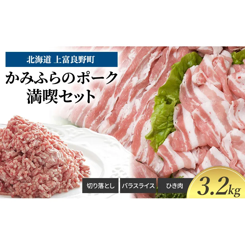 豚肉 かみふらのポーク 満喫 セット 計 3.2kg 切り落とし 小間切れ バラ スライス ひき肉 ミンチ 挽肉 北海道 上富良野 家庭用 普段使い