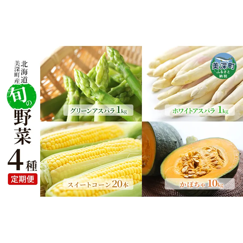 美深の旬の野菜 4種定期便（ホワイトアスパラ・グリーンアスパラ・とうもろこし・かぼちゃ）【北海道美深町産】