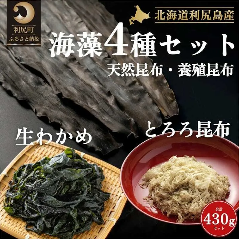 海産物 北海道 利尻島産 4種 海藻 セット 天然利尻昆布 100g 養殖利尻昆布 150g とろろ昆布 30g 塩蔵生わかめ 150g 米田商店 利尻昆布 昆布 こんぶ コンブ わかめ だし 出汁 だし昆布 加工食品 乾物 利尻