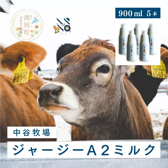 中谷牧場 ジャージーA2ミルク　900ml×5本　ジャージー牛　Ａ２ミルク　やさしい　国産　牛乳　飲み物 朝食 生乳 牧場のミルク 牧場の牛乳　オホーツク　北海道