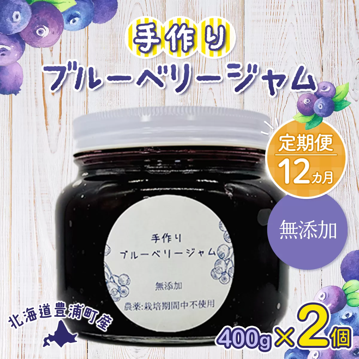 【定期便12カ月】北海道 豊浦町産 無添加手作り ブルーベリージャム400g×2個 TYUS002