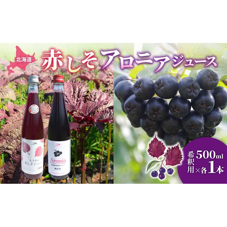 北海道 とうやの 赤しそ アロニア ジュース 希釈用 500ml×各1本入り シソ しそ 大葉赤紫蘇 濃縮 飲料 飲み物 ピュアフーズとうや 送料無料