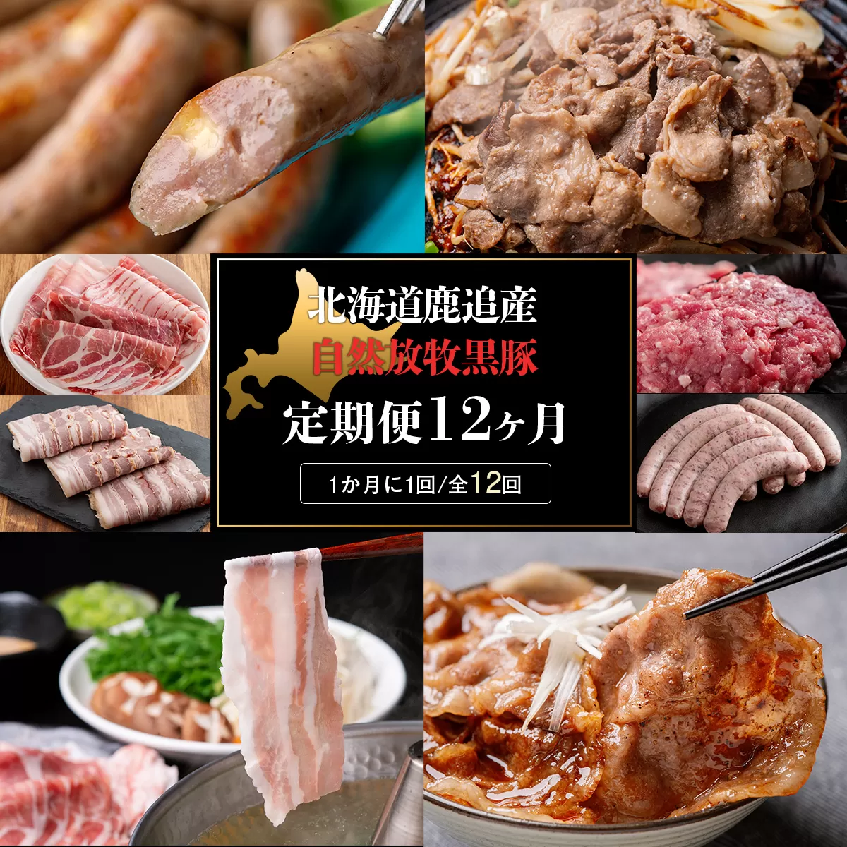 鹿追産 自然放牧黒豚 圧巻の豚肉おまかせ定期便（12ヶ月分） SKN013