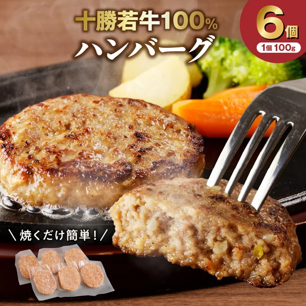 十勝若牛100％使用！ 十勝若牛 ハンバーグ 100g × 6個  【 おかず 赤身 ヘルシー 低カロリー 牛肉 肉 ブランド牛 国産 惣菜 小分け 豊かな旨味 贈り物 冷凍 お取り寄せ ギフト お中元 お歳暮 のし 熨斗 北海道 清水町 】