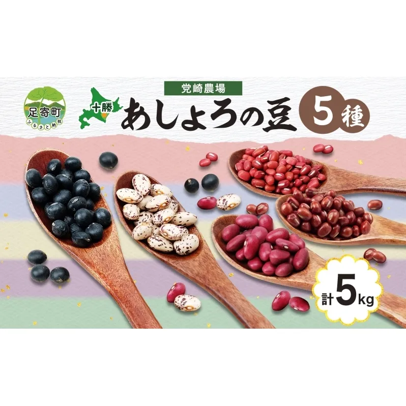 北海道 令和5年産 あしょろの豆 5種 1kg×各1袋 計5kg 小豆 黒大豆 大納言小豆 大正金時 中長うずら豆 豆 十勝 和菓子 和食 詰め合わせ 常温 お取り寄せ 党崎農場 送料無料