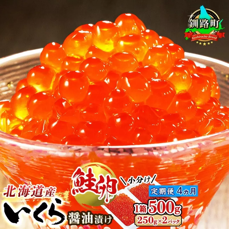 【定期便 4ヶ月連続】北海道産 いくら醤油漬け 500g（250g ×2パック×1箱） 小分け　| 国産 北海道産 いくら いくら醤油漬け イクラ ikura 天然 鮭 サーモン  鮭卵 鮭いくら 北海道 昆布のまち 釧路町 笹谷商店 直営 釧之助本店 人気の 訳あり！ ご飯 米 無洗米 にも最適