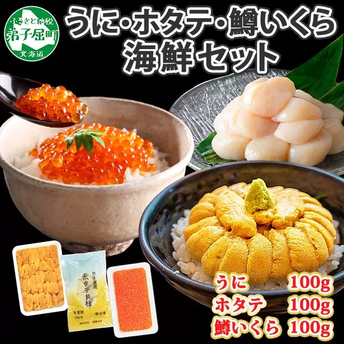 2939. うに チリ産 冷凍 100g 鱒いくら醤油漬け 100g ホタテ 100g セット ウニ 雲丹 いくら イクラ ますいくら ほたて  帆立 海鮮 海鮮丼 三色丼 送料無料 北海道 弟子屈町