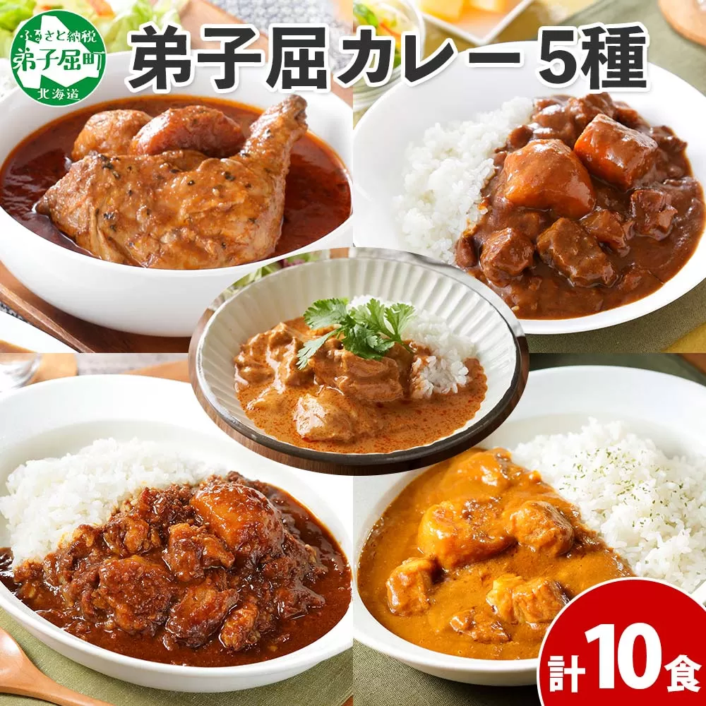 1447. 弟子屈 カレー 5種 食べ比べ 計10個 中辛 バターチキンカレー スープカレー ビーフカレー ポークカレー 牛すじカレー 業務用 レトルト  保存食 備蓄 非常食 常温 まとめ買い グルメ 23000円  北海道 弟子屈町