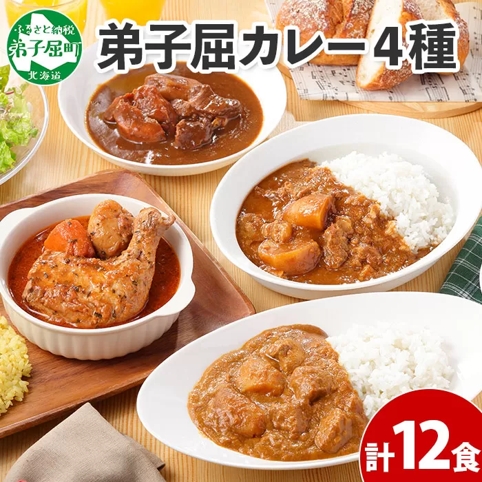 782.カレー 4種 食べ比べ 計12個 中辛 スープカレー ビーフカレー ポークカレー 牛すじカレー じゃがいも 牛 牛肉 豚肉 肉 鳥 鶏 業務用 レトルトカレー 保存食 備蓄 まとめ買い 送料無料 北海道 弟子屈町