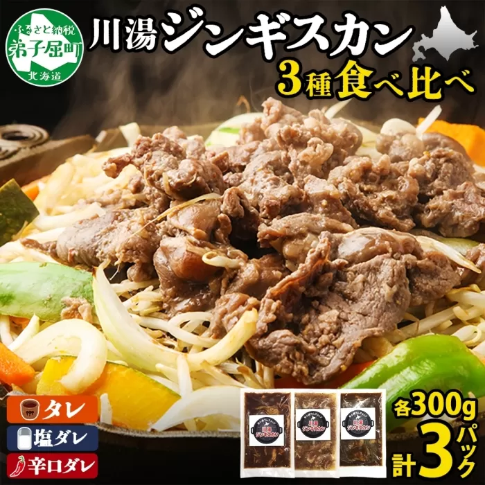 2543.ジンギスカン タレ 塩 辛口タレ 3種 食べ比べ セット 計3パック 羊肉 焼肉 味付け肉 BBQ バーベキュー お取り寄せ 冷凍 郷土料理 プレゼント 贈り物 gift 送料無料 北海道 弟子屈町