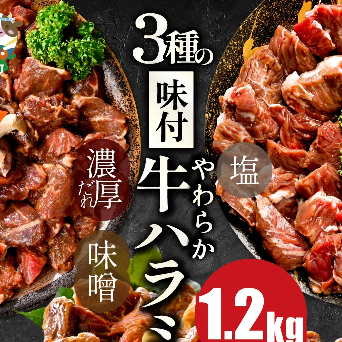 北海道 別海町 3種 の 味付け ハラミ 1.2kg（塩400g×1パック・味噌400g×1パック・醤油400g×1パック）【NS0000031】