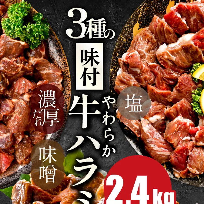 北海道 別海町 味付け ハラミ 食べ比べ 3種 2.4kg（塩400g×1パック・味噌400g×1パック・醤油400g×1パック）【NS0000032】