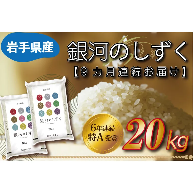 ★令和6年産★【9カ月定期便】特A受賞 銀河のしずく 20kg（10kg×2袋） 岩手県産 (AE159)