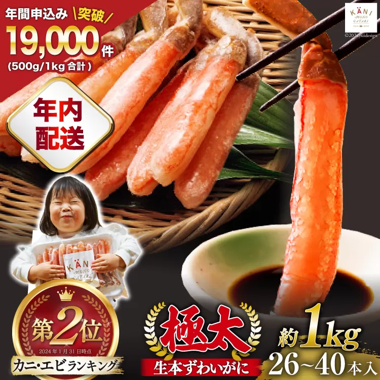 【年内配送 12/15まで受付】極太 生本ずわいがに 棒肉ポーション 約1kg 26本〜40本入り 殻剥き不要 ! 脚肉のみ ! [カネダイ 宮城県 気仙沼市 20564335] 蟹 かに カニ ずわいがに ズワイガニ ずわい蟹 ズワイ蟹 カニ脚 蟹脚 カニ棒肉 