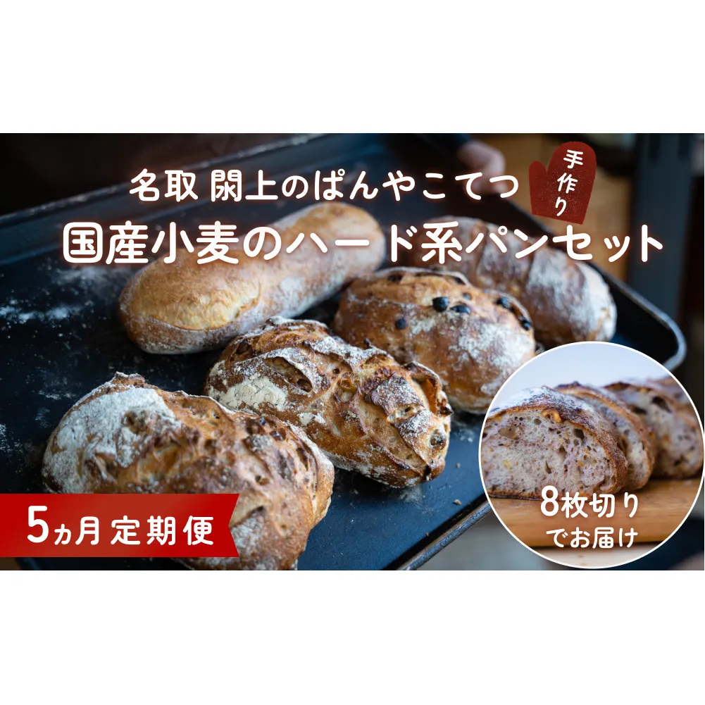 【5ヵ月定期便】名取 閖上 の ぱんやこてつ 手作り 国産小麦のハード系パンセット 8枚カットしてお届け