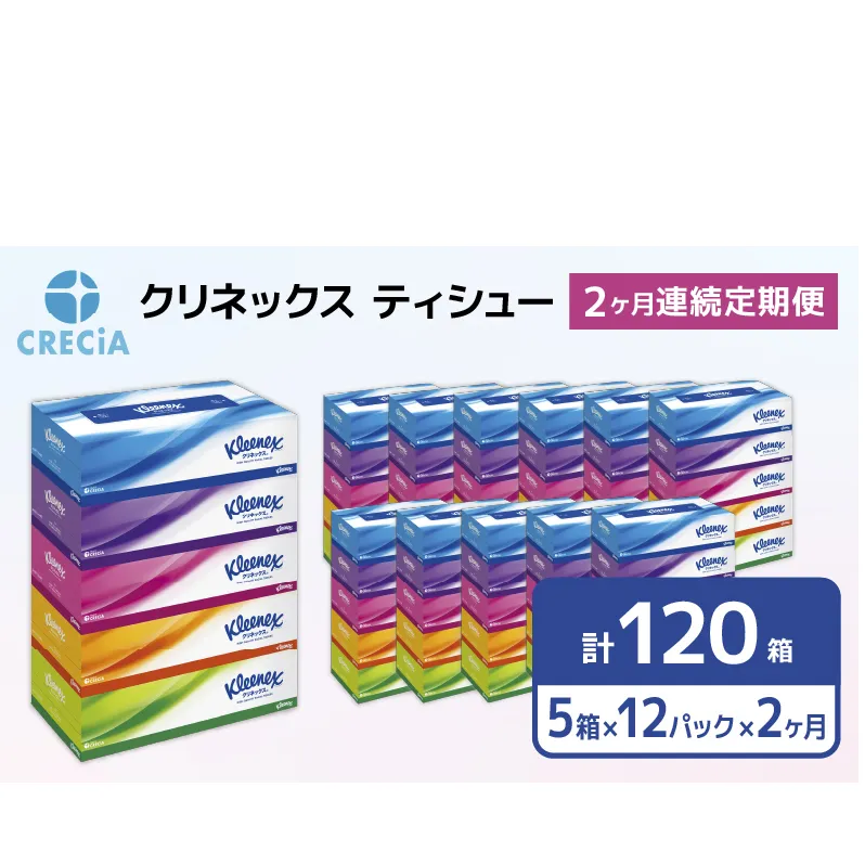 【2ヶ月連続定期便】ティッシュペーパー クリネックスティシュー 60箱 360枚（180組）5箱×12パック入り