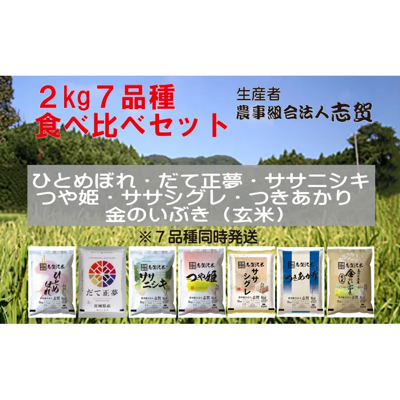 宮城県岩沼市産 志賀沢米 食べ比べセット 2kg×7品種（金のいぶき玄米含む）