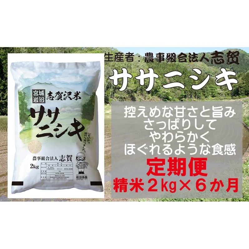 【6ヶ月定期便】宮城県岩沼市産 志賀沢米 ササニシキ 精米2kg