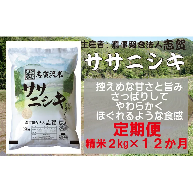 【12ヶ月定期便】宮城県岩沼市産 志賀沢米 ササニシキ 精米2kg