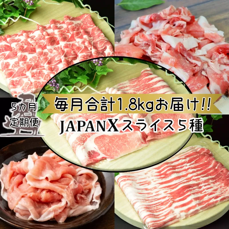 【定期便5か月】JAPAN X5種スライスセット1.8kg 【真空パック・ロース・肩ロース・バラ・モモ・小間】　【04301-0551】