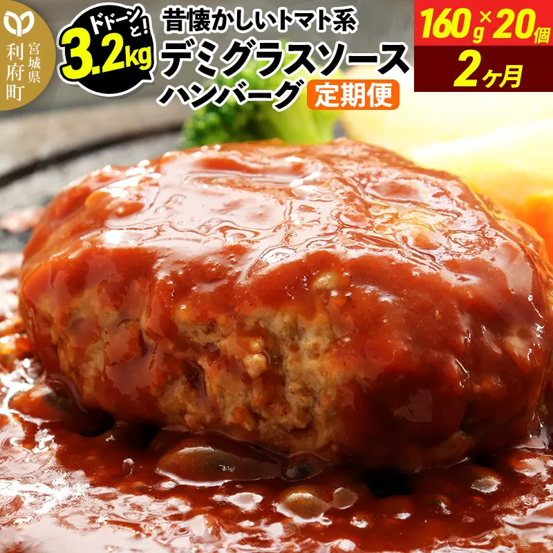 《定期便2ヶ月》ドドンと3.2kg！昔懐かしいトマト系デミグラスソースハンバーグ (160g×20個)×2回 肉 洋食 簡単 大容量 湯煎 湯せん 個包装