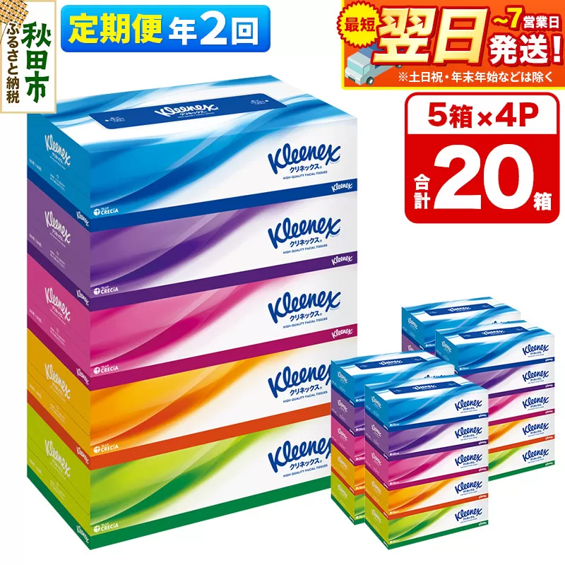 《6ヶ月ごとに2回お届け》定期便 ティッシュ クリネックス 20箱 5箱×4パック 秋田市オリジナル 最短翌日発送 【レビューキャンペーン中】