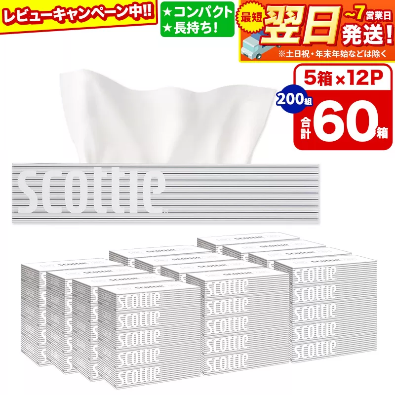 ティッシュペーパー スコッティ 200組 60箱(5箱×12パック) ティッシュ 日用品 最短翌日発送【レビューキャンペーン中】