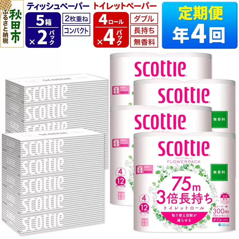 《3ヶ月ごとに4回お届け》定期便 トイレットペーパー スコッティ 3倍長持ち 無香料 4ロール(ダブル)×4P ＆ ティッシュペーパー スコッティ10箱(5箱×2P) 秋田市オリジナル【レビューキャンペーン中】