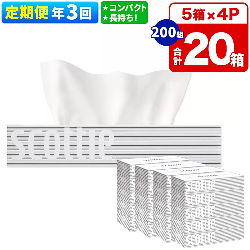 《4ヶ月ごとに3回お届け》定期便 ティッシュペーパー スコッティ 200組 20箱(5箱×4パック) ティッシュ 秋田市オリジナル【レビューキャンペーン中】