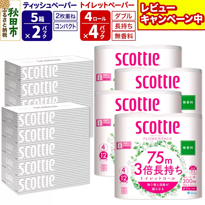 トイレットペーパー スコッティ 3倍長持ち 無香料 4ロール(ダブル)×4P ＆ ティッシュペーパー スコッティ10箱(5箱×2P) 秋田市オリジナル【レビューキャンペーン中】